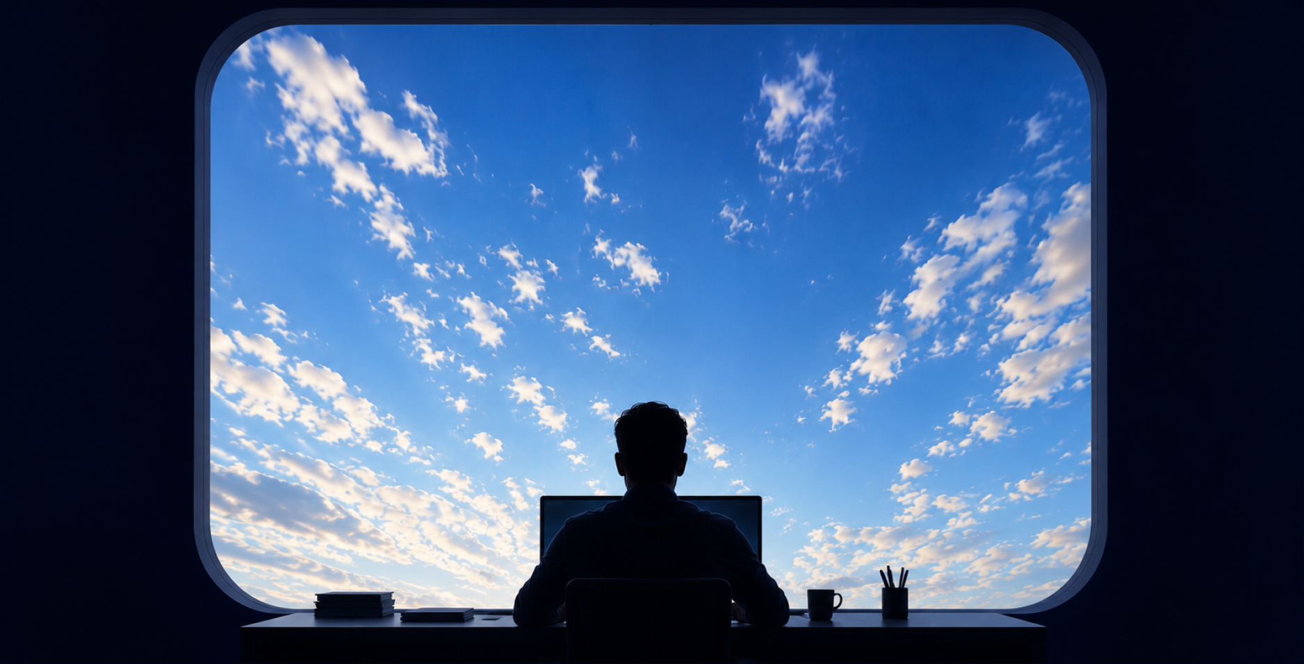 Person working at a desk overlooking clouds through a panoramic window