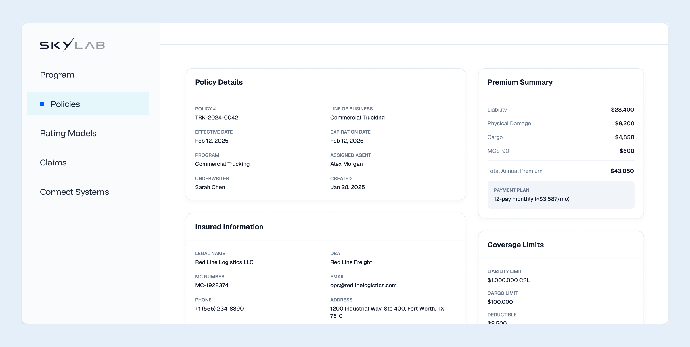 Skylab PolicyCore dashboard mockup